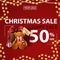 Christmas super sale, up to 50% off, red modern discount banner with garland, place for your logo and present with Teddy bear