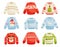 Christmas sweaters set, warm knitted jumper with cute ornaments vector Illustration on a white background