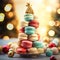 Christmas sweet tree made of Colorful macaroons on bokeh background