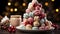 Christmas sweet tree made of macaroons, background of festive lights and gifts