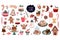 Christmas sweets big collection, with seasonal winter desserts, muffins, cookies, gingerbread, rolls, vector design