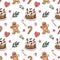 Christmas sweets and food seamless pattern. Watercolor gingerbread cookies and cake on white background