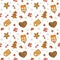 Christmas Sweets seamless pattern with candy, gingerbread, cookies, snowflake and berries.