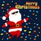 Christmas symbol Santa Claus in sunglasses is dancing under the light of colored lights or confetti.