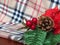 Christmas table decoration on warm winter blanket background. New year decoration.