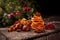 Christmas table and decorations, fruits, nuts, tangerines, dried oranges