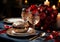 Christmas table detail, elegantly decorated. AI generated