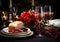 Christmas table detail, elegantly decorated. AI generated