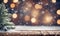 Christmas table, empty, blurred snowy bokeh