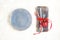 Christmas table place setting with napkin, fork, knife, ball, candy canes, plate. Christmas holidays background