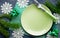 Christmas table setting with empty plate on festive decorated background