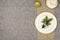 Christmas table top view. Linen tablecloth texture background.