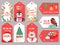 Christmas tag. Winter holiday xmas gift labels with cute characters santa, bear and bullfinch, penguin and festive