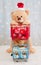 Christmas teddy bear pushing shopping cart