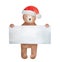 Christmas Teddy Bear wearing Santa Claus hat and holding big blank paper poster for custom text message.