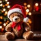 Christmas teddy bear wearing santa hat under christmas tree