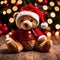 Christmas teddy bear wearing santa hat under christmas tree