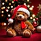 Christmas teddy bear wearing santa hat under christmas tree