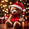 Christmas teddy bear wearing santa hat under christmas tree