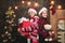 Christmas teenagers. Little girl with a Christmas present on wooden background. Winter kids. Kid enjoy the holiday