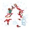 Christmas template with fir tree, Santa, decoration and snowman.