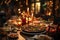 Christmas or Thanksgiving dinner with various food dishes, glasses of wine and fruits served on festive table with candles