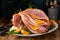 Christmas or Thanksgiving spiral sliced ham with oranges and herbs