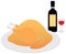 Christmas or thanksgiving turkey on tray or plate with wine bottle