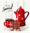 Christmas theme, red cup of coffee, stack of cookies and tea pot, illustration