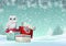 Christmas theme, white owl sitting on group of gift boxes in snowy landscape, illustration