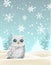 Christmas theme, white owl sitting in snowy landscape, illustration
