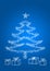 Christmas themed card, winter specific, snowflake, christmas tree and blue background and presents