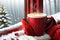 Christmas-Themed Coffee Cup Cradled Between Hands Adorned with a Cozy Red Knit Sweater - Steam Rising in the Festive Chill