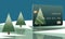 A Christmas themed credit card with a tree topped with a star is seen on snow next to a lake with more similar looking trees growi