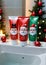 Christmas-Themed Hand Creams In A Bathroom Setting, With Soft Lighting. Generative AI