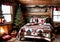 Christmas-Themed Patchwork Quilts In A Rustic Cabin Setting. Generative AI