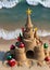 A Christmas-Themed Sandcastle On A Beach, With Holiday Decorations. Generative AI