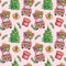 Christmas themed seamless pattern with watercolor symbols of winter holidays. Hand painted red car with gift boxes and tree