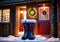 Christmas-Themed Snow Boots Outside A Cabin Door, With Soft Twilight Lighting. Generative AI