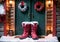 Christmas-Themed Snow Boots Outside A Cabin Door, With Soft Twilight Lighting. Generative AI