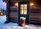 Christmas-Themed Snow Boots Outside A Cabin Door, With Soft Twilight Lighting. Generative AI