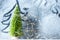 Christmas time background - Snow-covered window with green, symbolic tree and lights