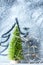 Christmas time background - Snow-covered window with green, symbolic tree and lights
