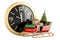 Christmas time concept. Christmas Santa Sleigh full of gifts and Christmas tree clock, 3D rendering