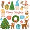 Christmas time elements clipart, Big New Year set with Snowman, presents box, wreath, gnome, deer, Christmas decoration isolated