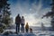 Christmas time. Family looking at Christmas star on night sky. Christmas Eve. The Star of Bethlehem. Waiting for Santa Claus.