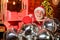 Christmas time. Man senior Santa claus hold silver air balloons decor. Party shop. Present for family. Celebrate new