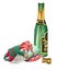 CHRISTMAS TIRED GNOME SLEEPING NEAR A BOTTLE OF CHAMPAGNE ON SOFT PILLOWS. ISOLATED ON WHITE