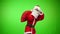 Christmas. tired Santa Claus carries a red bag with gifts over his shoulder. Isolated on green background. slow motion