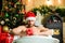 Christmas tour concept. Enjoy New Years Eve celebrations book stay hotel. Man lying in bathtub relax with gift box. Sexy